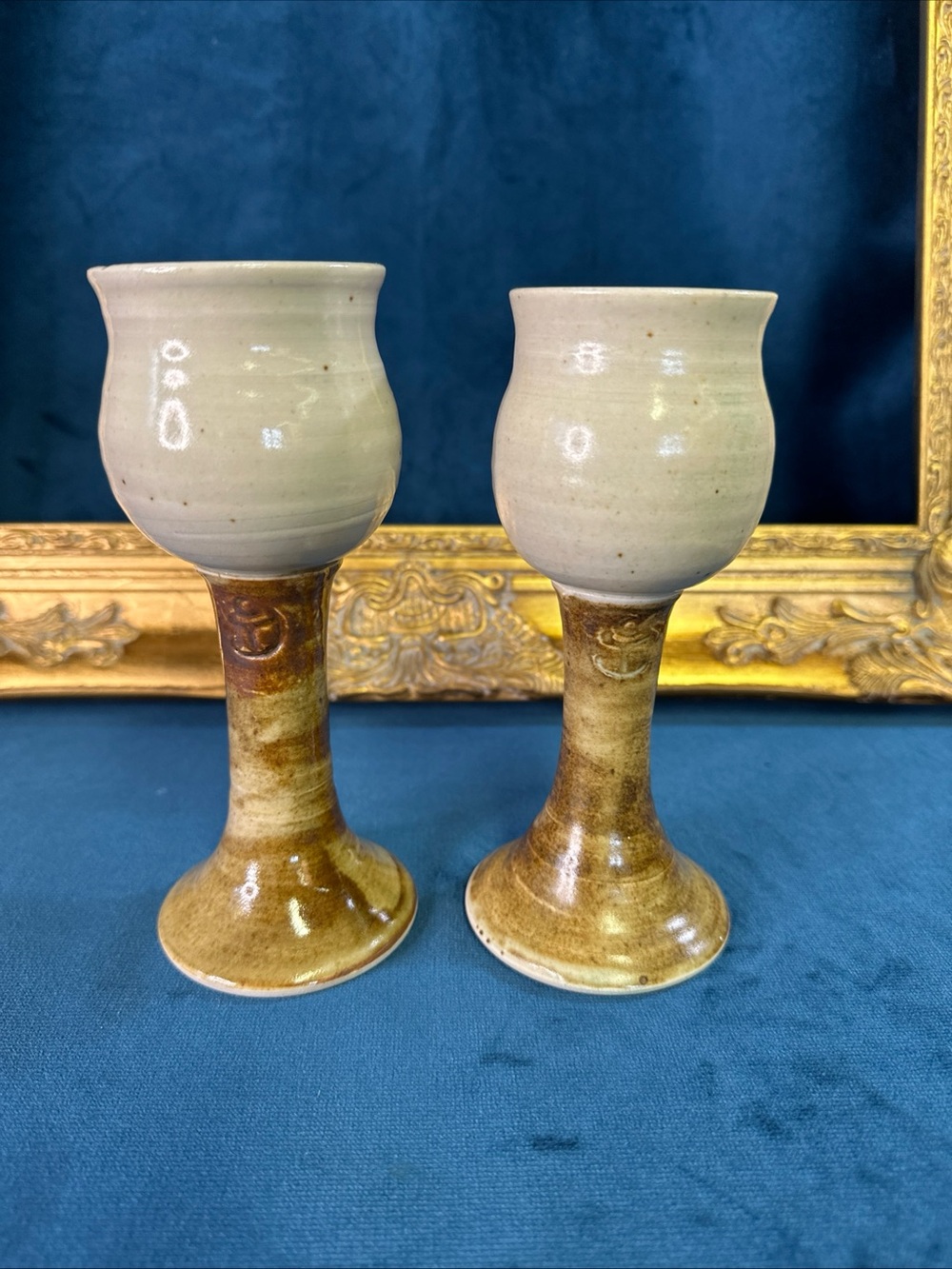Set of 2 Studio Art Stoneware Pottery Wine Goblets Speckled Brown Glaze Signed